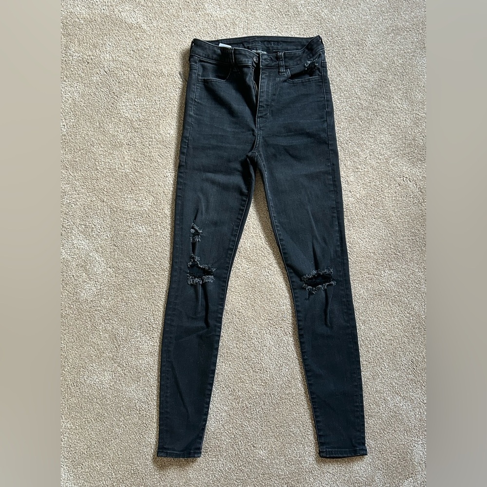 American Eagle Outfitters Black Distressed Skinny Jeans High Waisted Size 2